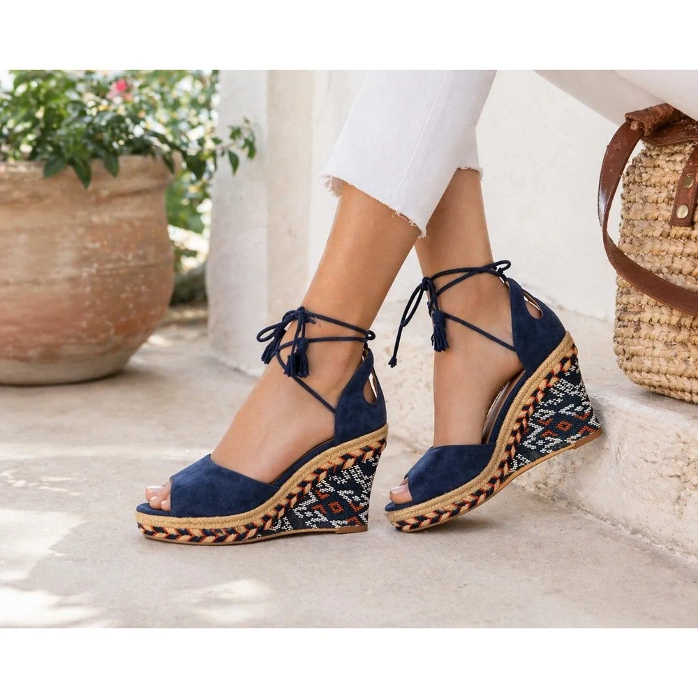 Cabi Maravilla Wedge Sandals Navy Blue Suede Lace Up Espadrille Boho 5275 SZ 6